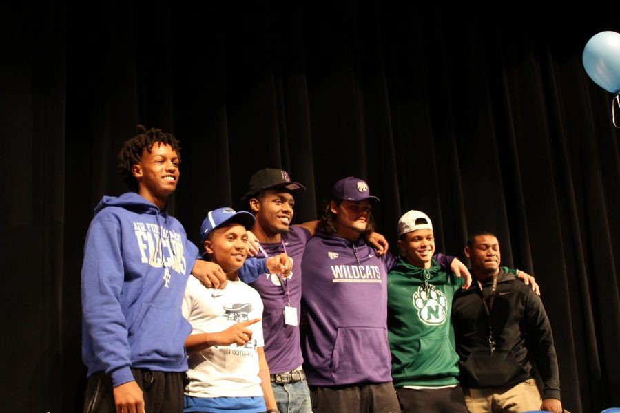 Mason Taylor, Verrell Garrett, Cartez Crook-Jones, Shane Cherry, Javon Williams and TeAndre Skinner signed letters of intent to play college sports during the Feb. 7 signing ceremony.