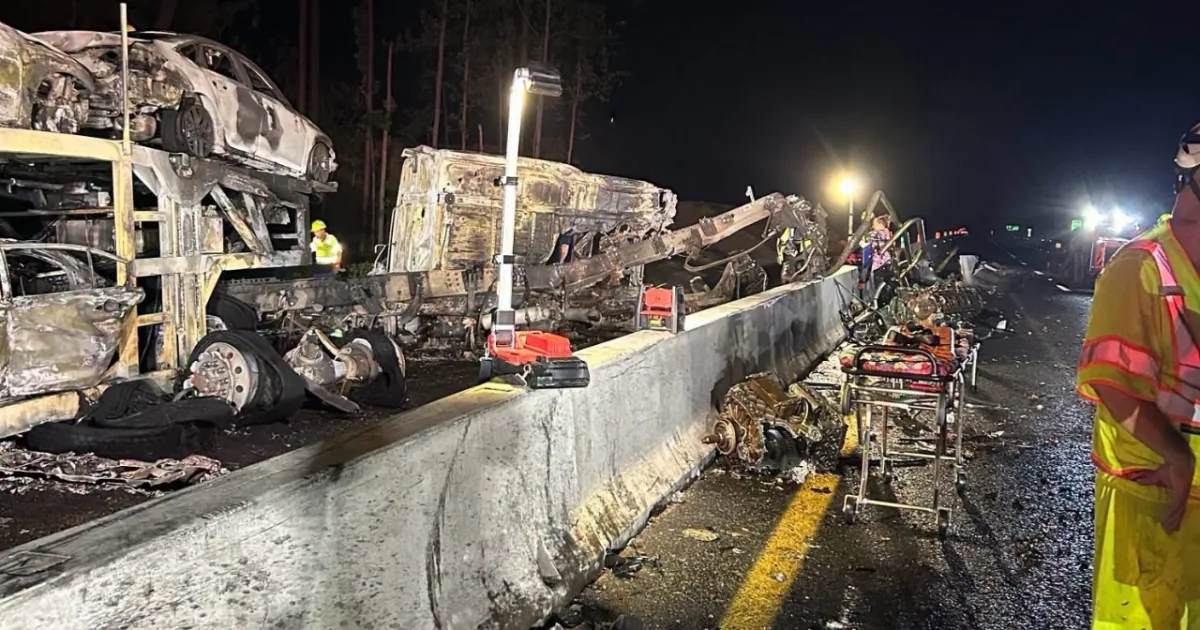 A charred tractor-trailer on a highway after a fiery crash on Interstate 64