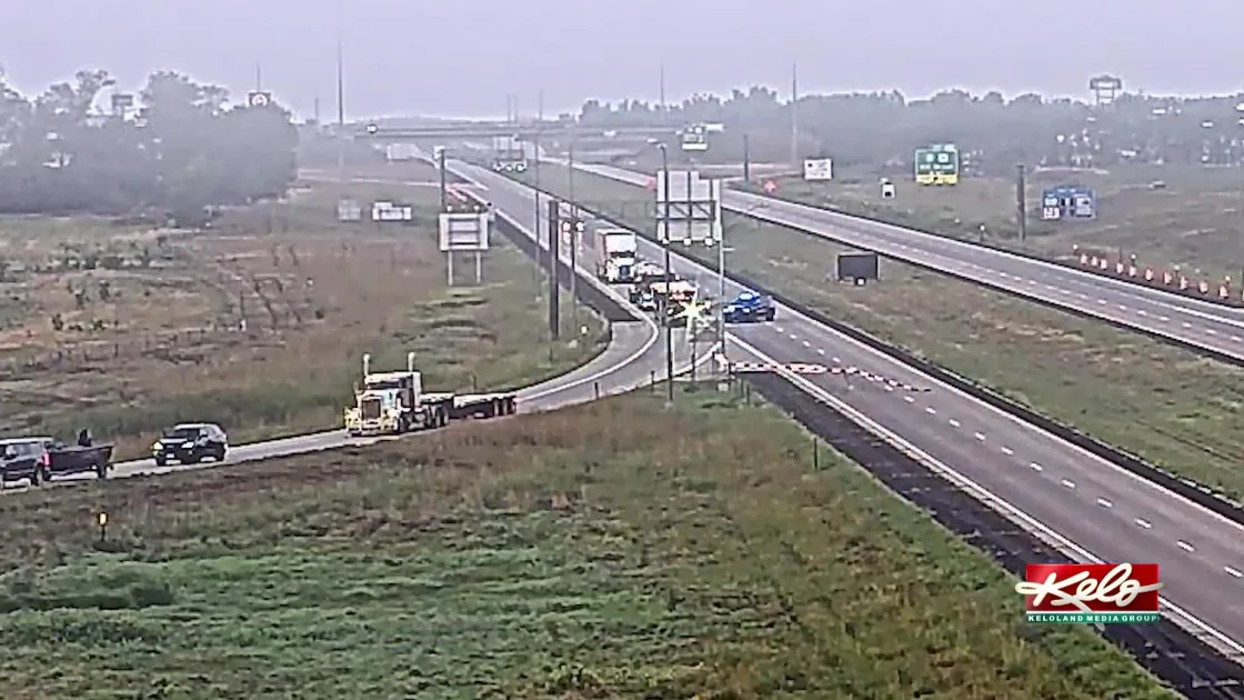 A damaged vehicle at the scene of a four-car crash on Interstate 29 near Brookings